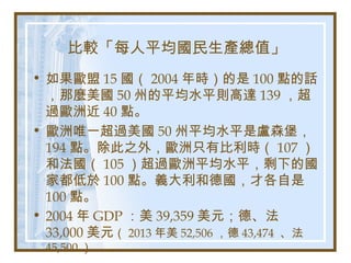 比較「每人平均國民生產總值」
• 如果歐盟 15 國（ 2004 年時）的是 100 點的話
，那麼美國 50 州的平均水平則高達 139 ，超
過歐洲近 40 點。
• 歐洲唯一超過美國 50 州平均水平是盧森堡，
194 點。除此之外，歐洲只有比利時（ 107 ）
和法國（ 105 ）超過歐洲平均水平，剩下的國
家都低於 100 點。義大利和德國，才各自是
100 點。
• 2004 年 GDP ：美 39,359 美元；德、法
33,000 美元（ 2013 年美 52,506 ，德 43,474 、法
45,500 ）
 