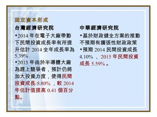 固定資本形成
台灣經濟研究院 中華經濟研究院
•2014 年在電子大廠帶動
下民間投資成長率有所提
升估計 2014 全年成長率為
5.39%
•2015 年由於半導體大廠
為趕上競爭者，預計仍將
加大投資力度，使得民間
投資成長 5.80% ，較 2014
年估計值提高 0.41 個百分
點。
•基於財政健全方案的推動
不預期有擴張性財政政策
•預期 2014 民間投資成長
4.10% ， 2015 年民間投資
成長 5.59% 。
 