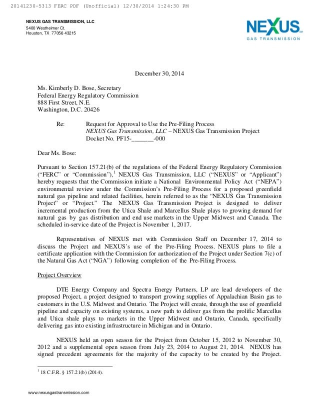 Nexus Gas Transmission Ferc Pre Filing Dec 30 14