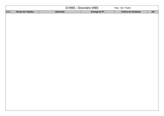 D-WBS - Dicionário WBS Fase : Ger. Projeto
C.C. Pacote de Trabalho Descrição Entrega do PT Critério de Aceitação OK
 