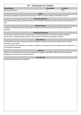 DT - Declaração de Trabalho
Especificação Quantidade Unidade
Alvenaria da edificação 3 Alas
Prazos
Deverão ser entregues da seguinte forma: Ala Norte: 10/Mar/15; Ala Sul: 30/Abr/15; Ala Central: 10/Jun/15
Qualidade Requirida
As paredes deverão possuir espessura mínima de 15 centímetros uniformes e suportar a estrutura que estará sob seu
topo.
Suporte Técnico
A empresa contratada deverá dar suporte após a entrega da obra pelo prazo de 2 anos conforme contrato a ser
acordado
Treinamento Desejado
Os operários e mestres de obras que participarão da construção deverão ser treinados e possuir experiência
comprovada em edificações desta natureza, além de possuir certificado de segurança no trabalho
Nivel Serviço
A manutenção deverá ser prestada para reparos cotidianos no prazo de 24 horas e para casos críticos e 2horas.
Entende-se casos críticos
como vazamentos que inoperalizam a unidade ou paralisam seu andamento normal e cotidianas como rachaduras ou
manutenções programadas
Garantia
Garantir a construção através das normas de engenharia expedidas pela ABNT e CREA e toda sua segurança e
integridade aos funcionários e visitantes do local
Local Entrega
Conforme planta fornecida com esta RFP
 