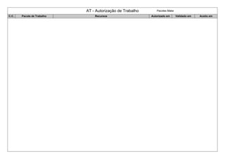AT - Autorização de Trabalho Pacotes Make
C.C. Pacote de Trabalho Recursos Autorizado em Validado em Aceito em
 