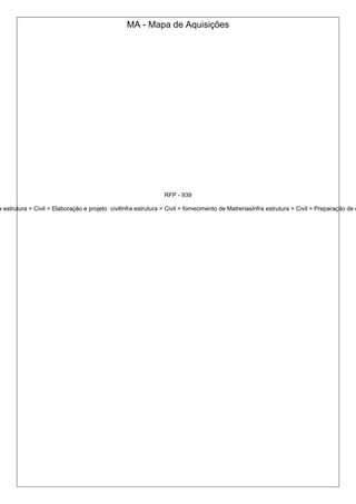 MA - Mapa de Aquisições
RFP - 939
a estrutura > Civil > Elaboração e projeto civilInfra estrutura > Civil > fornecimento de MatreriasInfra estrutura > Civil > Preparação de o
 
