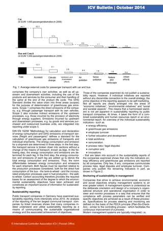 ICV Bulletin | October 2014
© International Controller Association ICV | Poznań Office
comprises the company’s own activities, as well as all up-
stream and downstream activities, including the use of the
products and services by the consumer and their handling of
the same at the end of the product life cycle. The GHG
Standard divides the value chain into three areas (scopes)
for the purpose of determination of greenhouse gas emis-
sions. Scope 1 comprises the direct emissions of the compa-
ny, e.g. through passenger transport with its own vehicles.
Scope 2 also includes indirect emissions of the upstream
processes, e.g. those incurred by the provision of electricity
through energy suppliers. Emissions incurred by upstream
and downstream processes, e.g. by goods and services pur-
chased and outsourced business units, are integrated into
reporting under scope 3.
DIN EN 16258 “Methodology for calculation and declaration
of energy consumption and GHG emissions of transport ser-
vices (freight and passengers)” defines a standard for the
calculation of greenhouse gas emissions of transports and
individual shipments. The energy consumption and emission
for a shipment are determined in three steps: In the first step,
the transport service is broken down into sections without a
change of the means of transport, known as legs. In the fol-
lowing step, the energy consumption and emissions are de-
termined for each leg. In the third step, the energy consump-
tion and emissions of each leg are added up to derive the
total energy consumption and emissions. Thus, the norm
differentiates between energy consumption and emissions
for each shipment. Both figures must be reported relative to
the production processes considered, both for the direct fuel
consumption of the bus - the tank-to-wheel - and the incorpo-
rated production processes used in fuel production - the well-
to-wheel. Carbon accounting therefore provides the required
bases for an assessment of the degree to which the environ-
mental sustainability objectives have been achieved and
constitutes an important source of information for sustainabil-
ity reporting.
Sustainability reporting
Public transport companies in Germany have examined sus-
tainability reporting more intensively since 2010. An analysis
of the reporting of the ten largest communal transport com-
panies by ticket revenues shows that many companies in-
deed understand and utilise sustainability reporting as a
means of communicating the sustainable organisational
strategy and the associated achievement of objectives.
Three of the companies examined do not publish a sustaina-
bility report. However, if individual initiatives are reported
without any discernible connection to the overall strategy, the
prime objective of the reporting appears to be self-marketing.
Not all reports are clearly arranged into the areas of
“economic initiatives”, “environmental initiatives” and “social
and societal aspects”. This means that a harmonised stand-
ard is not yet apparent in sustainability reporting by public
transport companies. At times, it takes the form of a com-
bined sustainability and human resources report or an envi-
ronmental report. An overview of the individual sustainability
indicators - such as
 energy efficiency
 greenhouse gas emissions
 employee turnover
 further education and development
 total workforce
 remuneration
 process risks / legal disputes
 corruption and
 innovations
- that are taken into account in the sustainability reports of
the companies examined shows that only the indicators en-
ergy efficiency and greenhouse gas emissions are reported
by all companies. Only few, if any, companies communicate
process risks, legal disputes and employee turnover. Com-
panies only publish the remaining indicators in part, as
shown in Figure 2.
Anchoring of sustainability in management
Companies that strive to achieve environmental, economic
and social objectives employ management systems to an
ever greater extent. A management system is understood as
the deliberate orientation and design of a company’s organi-
sational structure and operational organisation in order to
steer and monitor processes in a way that ensures that the
compliance with process parameters can be verified and
specific objectives are achieved as a result of these process-
es. Specifications for process steering and monitoring are
defined on the basis of the PDCA principle (Plan-Do-Check-
Act) - similar to the controlling process - which facilitates the
continuous improvement of a process.
Modern management systems are typically integrated, i.e.
Fig. 1: Average external costs for passenger transport with car and bus
 