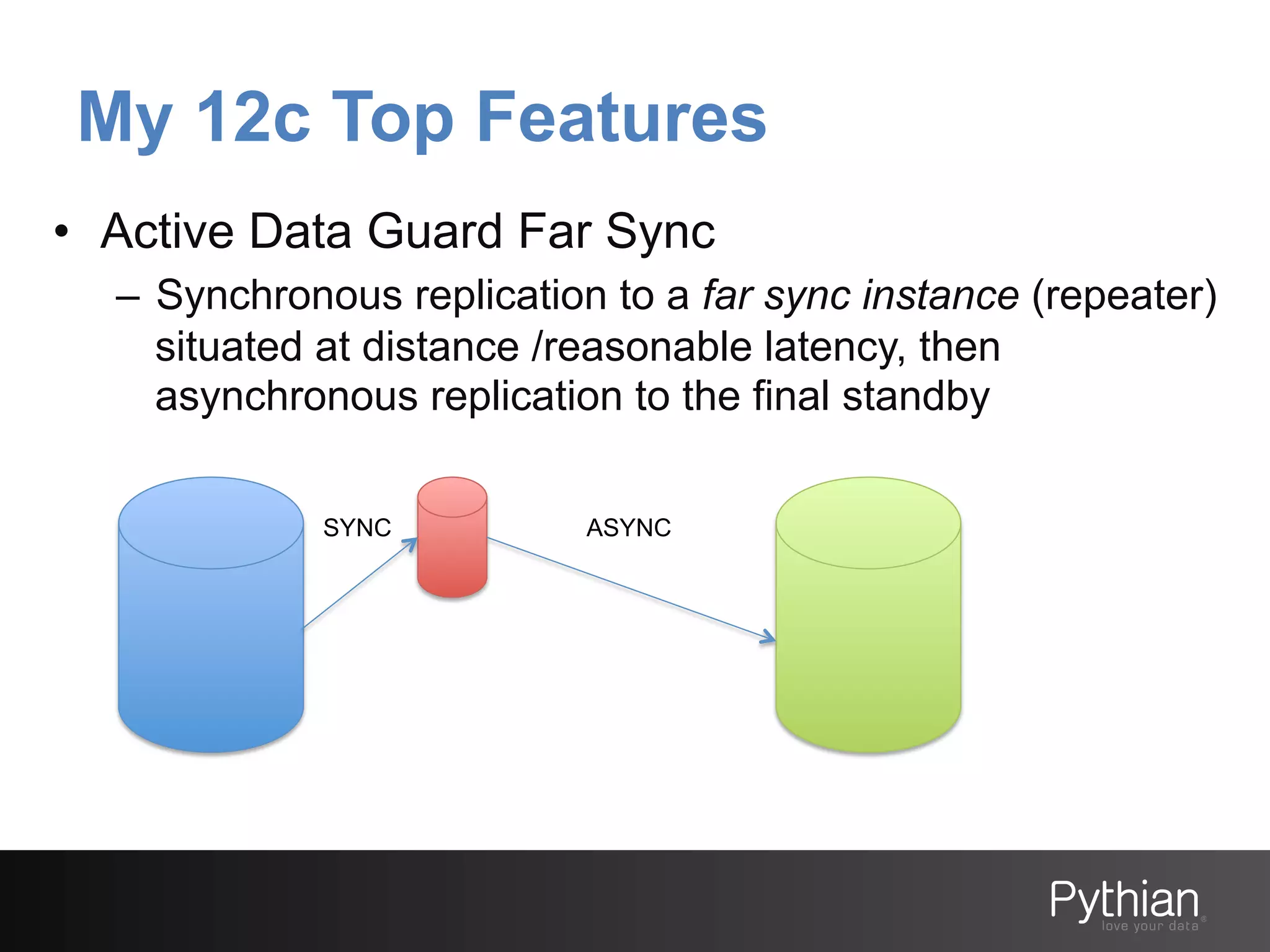 My 12c Top Features
•  Active Data Guard Far Sync
–  Synchronous replication to a far sync instance (repeater)
situated at distance /reasonable latency, then
asynchronous replication to the final standby
SYNC

ASYNC

 