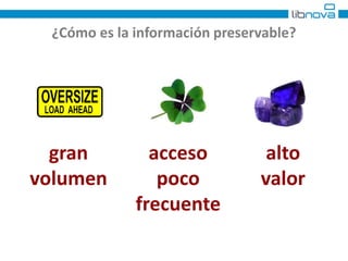 ¿Cómo es la información preservable? 
gran 
volumen 
acceso 
poco 
frecuente 
alto 
valor 
 