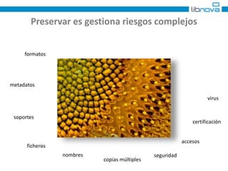 Preservar es gestiona riesgos complejos 
formatos 
metadatos 
soportes 
ficheros 
nombres 
copias múltiples 
seguridad 
accesos 
virus 
certificación 
 