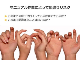 マニュアル作業によって間違うリスク
!   いままで何度度デプロイしているか覚えているか？
!   いままで間違えたことはないのか？

22

 