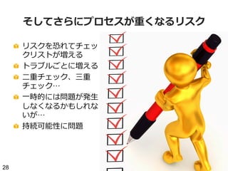 そしてさらにプロセスが重くなるリスク
!   リスクを恐れてチェッ
クリストが増える
!   トラブルごとに増える
!   ⼆二重チェック、三重
チェック…
!   ⼀一時的には問題が発⽣生
しなくなるかもしれな
いが…
!   持続可能性に問題

28

 