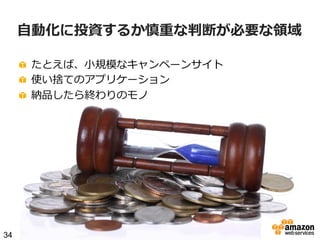 ⾃自動化に投資するか慎重な判断が必要な領領域
!   たとえば、⼩小規模なキャンペーンサイト
!   使い捨てのアプリケーション
!   納品したら終わりのモノ

34

 