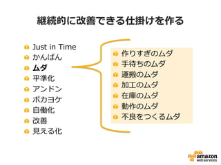 継続的に改善できる仕掛けを作る
!
!
!
!
!
!
!
!
!

 
 
 
 
 
 
 
 
 

Just  in  Time
かんばん
ムダ
平準化
アンドン
ポカヨケ
⾃自働化
改善
⾒見見える化

!
!
!
!
!
!
!

 
 
 
 
 
 
 

作りすぎのムダ
⼿手待ちのムダ
運搬のムダ
加⼯工のムダ
在庫のムダ
動作のムダ
不不良良をつくるムダ

 