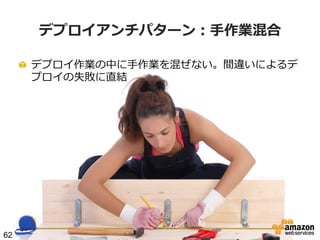 デプロイアンチパターン：⼿手作業混合
!   デプロイ作業の中に⼿手作業を混ぜない。間違いによるデ
プロイの失敗に直結

62

 