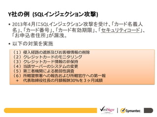 Y社の例 (SQLインジェクション攻撃)
• 2013年4月にSQLインジェクション攻撃を受け、「カード名義人
名」、「カード番号」、「カード有効期限」、「セキュリティコード」、
「お申込者住所」が漏洩。
• 以下の対策を実施
（１）侵入経路の遮断及びお客様情報の削除
（２）クレジットカードのモニタリング
（３）クレジットカード情報の非保持
（４）当該サーバーのシステムの変更
（５）第三者機関による脆弱性調査
（６）所轄警察署への報告および所轄官庁への第一報
＋ 代表取締役社長の月額報酬30％を３ヶ月減額

 