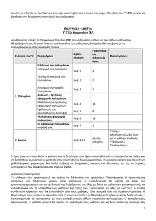 πακέτο το «Ταξίδι σε ένα δίκτυο» που έχει αναπτυχθεί στα πλαίσια του έργου Πλειάδες του ΥΠΑΙΘ μπορεί να 
βοηθήσει στη θεωρητική υποστήριξη του μαθήματος. 
3 
ΠΟΛΥΜΕΣΑ – ΔΙΚΤΥΑ 
Γ΄ Τάξη Ημερησίων ΓΕΛ 
Λαμβάνοντας υπόψη το Πρόγραμμα Σπουδών (ΠΣ) του μαθήματος, καθώς και των άλλων μαθημάτων 
Πληροφορικής του Γενικού Λυκείου η διδασκαλία του μαθήματος θα οργανωθεί σύμφωνα με τα 
διαλαμβανόμενα στον ακόλουθο πίνακα. 
Ενότητα του ΠΣ Περιεχόμενο 
Βιβλίο 
Μαθητή 
Προτεινόμε 
νες 
διδακτικές 
ώρες 
Παρατηρήσεις 
1. Πολυμέσα 
Ο Κόσμος των πολυμέσων 
Εισαγωγή στα πολυμέσα 
Κεφ. 1 4 
Τα δομικά στοιχεία των 
πολυμέσων 
Κεφ. 2 2 
Λογισμικό συγγραφής 
πολυμέσων 
Κεφ. 3 2 
Ανάλυση - Σχεδίαση 
εφαρμογής πολυμέσων 
Μεθοδολογία σχεδίασης 
εφαρμογών πολυμέσων 
Κεφ. 4 18 
Σχεδιασμός του 
περιβάλλοντος διεπαφής 
Κεφ. 5 4 
Υλοποίηση εφαρμογής 
πολυμέσων 
Κεφ. 6 16 
Οι εφαρμογές πολυμέσων 
στη ζωή μας 
Κεφ. 7 4 
2. Δίκτυα Κεφ. 8-13 
Δεν θα 
διδαχθεί 
Υπάρχει 
αλληλοεπικάλυψη ύλης 
με το μάθημα επιλογής 
«Εφαρμογές 
Υπολογιστών» 
Στόχος είναι να ενισχυθούν οι γνώσεις και οι δεξιότητες που έχουν αποκτηθεί από τις προηγούμενες τάξεις και 
να βοηθηθούν ουσιαστικά οι μαθητές στην ανάπτυξη της δημιουργικότητας, της κριτικής σκέψης και δεξιοτήτων 
μεθοδολογικού χαρακτήρα. Να δοθεί έμφαση σε διαχρονικές γνώσεις και δεξιότητες και όχι σε τεχνικές 
λεπτομέρειες που αναφέρονται στο σχολικό βιβλίο. 
Διδακτικές προσεγγίσεις 
Το μάθημα είναι εργαστηριακό και πρέπει να διδάσκεται στο εργαστήριο Πληροφορικής. Η προτεινόμενη 
κατανομή του διδακτικού χρόνου είναι ενδεικτική. Ο εκπαιδευτικός θα πρέπει να κάνει τον 
χρονοπρογραμματισμό και το σχεδιασμό της διάρθρωσης της ύλης με βάση τα μαθησιακά χαρακτηριστικά, τα 
ενδιαφέροντα και το υπόβαθρο των μαθητών της τάξης του. Προτείνεται, σε όλες τις ενότητες, η ένταξη 
συνθετικών εργασιών που θα εκπονηθούν από τους μαθητές, τόσο ατομικά όσο και ομαδοσυνεργατικά. Η 
θεματολογία τους μπορεί να αντλείται από το γνωστικό πεδίο της Πληροφορικής ή/και να είναι διαθεματικές – 
διεπιστημονικές σε συνεργασία με τους εκπαιδευτικούς άλλων γνωστικών αντικειμένων. Ο εκπαιδευτικός 
αξιοποιώντας τη μέθοδο project θα πρέπει να καθοδηγεί τους μαθητές και να δίνει ιδιαίτερη προσοχή στα 
 