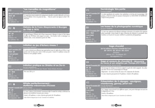19
Novembre2014
Numérologie 1ère partie
François DUBOIS
Samedi15novembre2014
15h - 18 h
Lieu : UP
Adhérents : 12 €
Non adhérents : 15 €
La valeur qualitative des nombres, leur symbolisme, est la base de la numérologie. Elle
permet, à l'aide de la date de naissance d'interpréter LA DESTINEE NUMEROLO-
GIQUE d'une personne.
V13
Les bases de la photographie numérique
Jacques THOMAS
Lundi 17 novembre 2014
18h15 - 19h45
4 cours hebdo
Lieu : UP
Adhérents : 45 €
Non adhérents : 55 €
Ce cours vous apportera des éléments techniques nécessaires à la maîtrise d’un appareil
photo numérique. Seront étudiés les types et fonctions des éléments le constituant, leurs
incidences sur la prise de vue pour améliorer sa production photographique.
S04
Saga chocolat
pour les auditeurs s’inscrivant à l’ensemble des 3 cours :
V04 : 19/11/14 - V05 : 26/11/14 - V06 : 3/12/14
Tarif spécial :
adhérents : 54 € / non adhérents : 65 €
(dont dégustation 21 €)
Saga et saveurs du chocolat (I) : découverte
du cacao et son adoption par l’Europe (XVI-XVIIIe)
Sylviane DUPIN, Michel DUPINMercredi19novembre2014
18h - 20h
Lieu : UP
Adhérents : 15 €
Non adhérents : 19 €
(dont dégustation 3 €)
Du breuvage des Aztèques à la boisson adaptée au goût des créoles espagnols. Son adop-
tion dans l’art de vivre aristocratique de l’Europe.
Dégustation : les saveurs de base du cacao et les composants du chocolat.
Ce cours n’ouvrira qu’à partir de 10 auditeurs. Limité à 20 auditeurs.
V04
Présentation de 4 cépages : sauvignon,
chardonnay, gamay, pinot noir
Claude BOUQUET,
membre du club Amphores
Mercredi19novembre2014
18h - 20h
4 cours hebdo
Lieu : UP
Adhérents : 72 €
Non adhérents : 80 €
(dont dégustation : 25€)
Les 4 cépages seront présentés sous différents aspects, cette partie théorique sera suivie de
la dégustation de 5 vins.
Limité à 30 auditeurs.
L’abus d’alcool est dangereux pour la santé. Consommer avec modération.
V22Whisky perfectionnement :
distilleries méconnues d'Ecosse
Michel MARC,
fondateur du club Alambics
Vendredi 7 novembre 2014
18h - 20h
Lieu : UP
Adhérents : 42 €
Non adhérents : 48 €
(dont dégustation : 30 €)
N
Ce cours s'adresse à des personnes connaissant déjà le monde du whisky et désireuses de
découvrir des distilleries écossaises peu connues.
Limité à 20 auditeurs, ce cours n’ouvrira qu’à partir de 10 auditeurs.
L’abus d’alcool est dangereux pour la santé. Consommer avec modération.
V11
18
Novembre2014
"Les merveilles du magnétisme"
Bernard BOURGOIN,
praticien de santé naturelle
Mercredi5novembre2014
18h30 - 20h
Lieu : UP
Adhérents : 10 €
Non adhérents : 13 €
Le magnétisme peut produire des soulagements durables et parfois définitifs sur de nom-
breux problèmes. Il est à la portée de tous… "Tous les savoirs sont égaux en droit" Mi-
chel Serre.
B19
Histoire de la Franc Maçonnerie à Bourges
de 1700 à 1970
Roland NARBOUXJeudi 6 novembre 2014
18h - 20h
Lieu : UP
Adhérents : 15 €
Non adhérents : 18 €
Il s'agit d'évoquer l'Histoire de la Franc maçonnerie à Bourges (et dans le Cher) depuis
le début du XVIIIème siècle jusqu'à nos jours. Une histoire riche et chaotique, au
XIXème siècle, et une continuité à partir de 1903.
R02
Initiation au jeu d’échecs niveau 1
Dominique BOULET
Jeudi 6 novembre 2014
18h30 - 20h
3 cours quinzaine
Lieu : UP
Adhérents : 20 €
Non adhérents : 24 €
Ce cours est destiné aux débutants qui apprendront toutes les règles du jeu d’échecs et qui
auront ainsi les bases pour mener à bien une partie. Limité à 6 auditeurs niveau dé-
butants ou avec quelques notions.
V15
Initiation pratique au Shiatsu et au Do-in
Nicolas HADENGUE,
praticien shiatsu certifié par l’école "Iokai Shiatsu Europe"
Vendredi7novembre2014
17h - 19h30
Lieu : UP
Adhérents : 15 €
Non adhérents : 20 €
Voir cours B21 p.11
B22
N
 