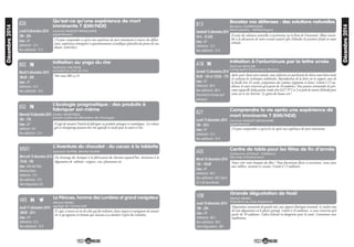 23
Décembre2014
La Pérouse, homme des Lumières et grand navigateur
Michel MARC,
agrégé de l’Université
Jeudi 11 décembre 2014
18h30 - 20 h
Lieu : UP
Adhérents : 12 €
Non adhérents : 15 €
Il s'agit, à travers la vie de celui qui fut militaire, franc-maçon et navigateur de connaî-
tre ce qu'apporta cet homme qui incarna à sa manière l'esprit des Lumières.
H05
Boostez vos défenses : des solutions naturelles
Barbara CHARPAGNE,
Naturopathe - Réflexologue
Vendredi12décembre2014
14 h - 15 h30
Lieu : UP
Adhérents : 12 €
Non adhérents : 15 €
Il existe des solutions naturelles et pertinentes sur le front de l’immunité. Allons ensem-
ble à la découverte de notre arsenal naturel afin d’aborder les premiers froids en toute
sérénité.
B13
Initiation à l’enluminure par la lettre ornée
Patricia MULLER,
Calligraphe-Enlumineur-Peintre
Samedi 13 décembre 2014
9h30 - 12h et 13h30 - 17h
Lieu : UP
Adhérents : 80 €
Non adhérents : 90 €
(fournitures incluses sauf
pinceaux)
Après avoir choisi votre initiale, vous réaliserez sur parchemin de chèvre votre lettre ornée
en utilisant les techniques médiévales. Reproduction de la lettre sur le support, pose de
la feuille d’or 24 carats, préparation des couleurs (pigments et liant). Limité à 15 au-
diteurs, le cours n’ouvrira qu’à partir de 10 auditeurs. Vous pouvez commander les pin-
ceaux aquarelle Isabey pointe ronde série 6227 N°1 et 2 en poils de martre Kolinsky pure
extra sur le site Internet "Le géant des beaux arts".
A18
N
Comprendre la vie après une expérience de
mort imminente ? (EMI/NDE)
Corinne PAQUET-MAQUAIRE,
expérienceur
Lundi 15 décembre 2014
18h - 20 h
Lieu : UP
Adhérents : 12 €
Non adhérents : 15 €
2 h pour comprendre ce qu’est la vie après une expérience de mort imminente.
B27
Centre de table pour les fêtes de fin d’année
Catherine JOYAUX CORSELLI,
fleuriste d’événement
Mardi 16 décembre 2014
15h - 16h30
Lieu : UP
Adhérents : 43 €
Non adhérents : 48 € (dont
22 € de fournitures)
Venez créer votre bouquet des fêtes ! Nous fournissons fleurs et accessoires, venez juste
avec tabliers, sécateurs et ciseaux ! Limité à 15 auditeurs.
A05
L'Aventure du chocolat : du cacao à la tablette
Sylviane DUPIN, Michel DUPIN
Mercredi 10 décembre 2014
17h30 - 19h
Lieu : Salle des fêtes
Menetou-Salon
Adhérents : 15 €
Non adhérents : 19 €
(dont dégustation 3€)
Du breuvage des Aztèques à la fabrication du chocolat aujourd'hui. Initiation à la
dégustation de tablettes : origines, crus, plantations etc.
MS01
22
Décembre2014
Qu’est-ce qu’une expérience de mort
imminente ? (EMI/NDE)
Corinne PAQUET-MAQUAIRE,
expérienceur
Lundi 8 décembre 2014
18h - 20h
Lieu : UP
Adhérents : 12 €
Non adhérents : 15 €
2 h pour comprendre ce qu’est une expérience de mort imminente à travers des défini-
tions, expériences témoignées et questionnement scientifique (pluralité des points de vue,
doutes, recherches).
B26
Initiation au yoga du rire
Nathalie VACHON,
animatrice club du rire
Mardi 9 décembre 2014
18h30 - 20h
Lieu : UP
Adhérents : 12 €
Non adhérents : 16 €
Voir cours B01 p.14
B02
L’écologie pragmatique : des produits à
fabriquer soi-même
Esther MARTINEZ,
ancien Cadre du Ministère de l’Ecologie
Mercredi10décembre2014
16h - 17h
Lieu : UP
Adhérent : 8 €
Non adhérent : 12 €
N
N
Il s’agit de montrer l’intérêt de fabriquer ses produits ménagers et cosmétiques. Les crèmes,
gels et shampoings peuvent être très agressifs et nocifs pour la santé et l’air.
E02
N
Décembre2014
Grande dégustation de Noël
Michel MARC,
Président du club Amphores
Jeudi 18 décembre 2014
18h - 20h
Lieu : UP
Adhérents : 46 €
Non adhérents : 50 €
(dont dégustation : 30€
Dégustation commentée de grands vins, avec apports théoriques éventuels. Le maître-mot
de cette dégustation est le plaisir partagé. Limité à 24 auditeurs, ce cours n’ouvrira qu’à
partir de 18 auditeurs. L’abus d’alcool est dangereux pour la santé. Consommer avec
modération.
V08
 