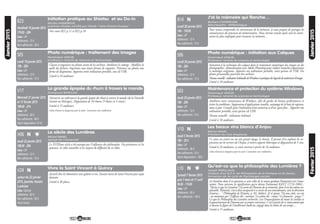 27
Janvier2015Février2015
J’ai la mémoire qui flanche…
Barbara CHARPAGNE,
Naturopathe - Réflexologue
Lundi 26 janvier 2015
14h - 15h30
Lieu : UP
Adhérents : 12 €
Non adhérents : 15 €
N
Pour mieux comprendre les mécanismes de la mémoire, je vous propose de partager les
connaissances du processus de mémorisation. Nous verrons ensuite quels sont les nutri-
ments les plus impliqués pour restaurer la mémoire…
B14
Photo numérique : initiation aux Calques
Dominique VASLIN,
Professeur retraité de sciences et technologie
Lundi 26 janvier 2015
18h - 20h
Lieu : UP
Adhérents : 12 €
Non adhérents : 15 €
Initiation à la technique des calques dans le traitement numérique des images ou des
photographies ; démonstration avec Adobe Photoshop pour réaliser retouches importantes
et montages originaux. Apporter son ordinateur portable, ainsi qu’une clé USB. Des
photos personnelles pourront être utilisées.
Niveauconseillé:utilisationhabituelledeWindowsetpratiquedeslogicielsdetraitementd’images.
Limité à 10 auditeurs.
S06
Maintenance et protection du système Windows
Dominique VASLIN,
Professeur retraité de sciences et technologie
Jeudi 29 janvier 2015
18h - 20h
Lieu : UP
Adhérents : 12 €
Non adhérents : 15 €
Améliorez votre connaissance de Windows, afin de garder de bonnes performances et
éviter les problèmes. Suppression d’applications inutiles, nettoyage de la base de registres,
mises à jour. Conseils pour l’utilisation d’un antivirus et d’un «pare-feu». Apporter son
ordinateur portable, ainsi qu’une clé USB.
Niveau conseillé : utilisateur habituel.
Limité à 10 auditeurs.
S03
Les beaux vins blancs d’Anjou
Michel MARC,
Président du club Amphores
Jeudi 5 février 2015
18h - 20 h
Lieu : UP
Adhérents : 30 €
Non adhérents : 35 €
(dont dégustation : 18€)
N
Ce cours est centré sur un très grand cépage, le chenin. Il permet d'en explorer les ex-
pressions sur les terroirs de l'Anjou, à travers apports théoriques et dégustation de 5 vins.
Limité à 24 auditeurs, ce cours ouvrira à partir de 16 auditeurs.
L’abus d’alcool est dangereux pour la santé. Consommer avec modération.
V10
Qu’est-ce que la philosophie des Lumières ?
Joseph PARILLAUD,
titulaire d’un D.E.A. de Philosophie de la Pratique et du Savoir,
formation de 3e cycle de Psychologie socialeSamedi 7 février 2015
puis 7 mars et 11 avril
9h30 - 11h30
Lieu : UP
Adhérents : 95 €
Non adhérents : 105 €
N
Les lumières dont il est question ce sont celles de la raison guidant l’humanité vers l’auto-
nomie. Nous suivrons la signification qu’en donne Emmanuel KANT (1724-1804) :
"Qu’est ce que les Lumières ? La sortie de l’homme de sa minorité, dont il est lui-même res-
ponsable. Minorité, c’est-à dire incapacité à se servir de son entendement, sans la direction
d’autrui…" (Philosophie de l’histoire, p. 83, Aubier). Et il ajoute "De tous côtés, on crie
: ne raisonnez pas ! L’officier dit : exécutez ! Le prêtre dit : croyez ! Le financier : payez !".
Ce que la Philosophie des Lumières recherche, c’est l’émancipation de toutes les tutelles et
le gouvernement de l’homme par sa propre conscience. C’est à partir de ce mouvement que
se dessine la figure de l’intellectuel moderne, engagé dans les luttes de son temps…
Limité à 15 auditeurs.
L10
26
Janvier2015
Initiation pratique au Shiatsu et au Do-in
Nicolas HADENGUE,
praticien shiatsu certifié par l’école "Iokai Shiatsu Europe"
Vendredi 16 janvier 2015
17h30 - 20h
Lieu : UP
Adhérents : 15 €
Non adhérents : 20 €
Voir cours B21 p.11 et B22 p.18
B23
Photo numérique : traitement des images
Dominique VASLIN,
professeur retraité de Sciences et Technologie
Lundi 19 janvier 2015
18h - 20h
Lieu : UP
Adhérents : 12 €
Non adhérents : 15 €
Classez et organisez vos photos avant de les archiver. Améliorez le cadrage . Modifiez la
taille des fichiers. Imprimez sous toutes formes de vignettes. Présentez vos photos sous
forme de diaporama. Apportez votre ordinateur portable, une clé USB.
Limité à 10 auditeurs.
S05
La grande épopée du rhum à travers le monde
Emmanuel BARCLAIS
Mercredi 21 janvier 2015
et 17 février 2015
18h30 - 21h
Lieu : UP
Adhérents : 30 €
Non adhérents : 40 €
(dont dégustation 15 €)
Découvrir ou redécouvrir la grande épopée du rhum à travers le monde (de la Nouvelle
Guinée au Mexique). Dégustation de 10 rhums (5 blancs et 5 vieux).
Limité à 15 auditeurs.
L’abus d’alcool est dangereux pour la santé. Consommer avec modération.
V17
Le siècle des Lumières
Michel MARC,
agrégé de l’Université
Jeudi 22 janvier 2015
18h30 - 20h
Lieu : UP
Adhérents : 12 €
Non adhérents : 15 €
N
Le XVIIIème siècle a été marqué par l'influence des philosophes. On présentera ici les
penseurs, les idées nouvelles et les moyens de diffusion de ces idées.
H06
Vivre la Saint Vincent à Quincy
autour du 22 janvier
2015, journée, horaire
à préciser
Lieu : Quincy
Adhérents : 42 €
Non adhérents : 50 €
(tout inclus)
N
Accueil chez les bâtonniers avec galette et vin. Ensuite messe de Saint Vincent puis repas
dansant.
Limité à 30 places.
V24
 