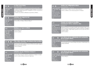 29
Février2015
Atelier de Calligraphie latine
Patricia MULLER,
Calligraphe-Enlumineur-Peintre
Samedi 14 février 2015
9h - 12h et 13h30 - 16h30
Lieu : UP
Adhérents : 50 € chaque
séance (+ 20€ de fournitures
pour votre 1ère séance)
Non adhérents : 60 € (+ 20€
de fournitures pour votre 1ère
séance)
Voir cours A19 p.17, A20 p.21, A21 p.25, A23 p.33 A24 p.35
Limité à 15 auditeurs, le cours n’ouvrira qu’à partir de 10 auditeurs.
A22
Poterie et sculpture émaillée :
travail de la terre, cuissons, raku
Patrick CRULIS,
céramiste
Mardi 17 février 2015
10h - 13h
puis 17 mars 10h - 17h
Lieu :VillagepotierdesArchers
Adhérents : 80 €
Non adhérents : 90 €
(dont fournitures 40 €)
Réalisation de poteries et de sculptures émaillées selon la technique du raku. La 1ère
séance est consacrée à la réalisation des pièces en argile et la 2ème séance à l’émaillage et
aux cuissons rapides. Chaque auditeur repartira le soir de la 2ème séance avec ses
céramiques terminées.
Limité à 6 auditeurs
LC01
Les vitraux de la cathédrale et la recherche
de la lumière divine
Thérèse LEGRAS,
conférencière du patrimoine
Mercredi 18 février 2015
(un cours + une visite 1h)
15h - 17h
Lieu : UP
Adhérents : 12 €
Non adhérents : 15 €
La part de lumière dans les vitraux de Bourges, leur présence à l’échelle humaine, une
proximité inhabituelle.
A08
Les vitraux de la cathédrale et la recherche
de la lumière divine
Thérèse LEGRAS,
conférencière du patrimoine
Mercredi 18 février 2015
(un cours + une visite 1h)
18h15 - 20h15
Lieu : UP
Adhérents : 12 €
Non adhérents : 15 €
Voir cours A08 p.25
A09
28
Février2015
Le Cher sous Vichy
Alain RAFESTHAIN,
auteur d’ouvrages sur la Résistance et l’occupation dans le Cher
Lundi 9 février 2015
puis 16 février
18h - 20h
Lieu : UP
Adhérents : 24€
Non adhérents : 30 €
Le premier cours présentera la vie quotidienne pendant l’occupation (les restrictions et
le marché noir, la ligne de démarcation, la propagande et la censure, les prisonniers de
guerre, l’administration…)
Le deuxième cours abordera la collaboration, les persécutions, la délation…
R01
Initiation au yoga du rire
Nathalie VACHON,
animatrice club du rire
Mardi 10 février 2015
18h30 - 20h
Lieu : UP
Adhérents : 12 €
Non adhérents : 16 €
Voir cours B01 p.14, B02 p.22, B04 p.35, B05 p.37
B03
Thé, Café, Chocolat : les boissons des Lumières
Sylviane DUPIN, Michel DUPIN
Mercredi 11 février 2015
18h - 19h30
Lieu : UP
Adhérents : 12 €
Non adhérents : 16 €
N
N
Comment et dans quelles conditions la France du XVIIIe siècle accueillit et adopta les
boissons venues des autres continents.
Limité à 20 auditeurs.
V07
N
Initiation au jeu d’échecs niveau 2
Dominique BOULET
Jeudi 12 février 2015
18h30 - 20h
3 cours quinzaine
Lieu : UP
Adhérents : 20€
Non adhérents : 24€
Ce cours s’adresse à tout joueur souhaitant se perfectionner en stratégie et en tactique.
Limité à 6 auditeurs débutants connaissant les règles du jeu.
V16
N
Réaliser un repas antillais
Suzanne PAULIN
Mardi 10 février 2015
18h30 - 22h30
+ dégustation
Lieu : Saint Florent
Adhérents : 28 €
Non- adhérents : 35 €
(dont 10 € de dégustation)
Voir cours SF01 p.14
Limité à 6 auditeurs.
SF02
 