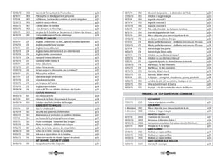 9
28/11/14 V02 Découvrir les projets … à destination de l’Inde p.20
27/03/15 V03 Initiation à la généalogie p.33
19/11/14 V04 Saga du chocolat 1 p.19
26/11/14 V05 Saga du chocolat 2 p.20
03/12/14 V06 Saga du chocolat 3 p.21
11/02/15 V07 Thé, café, chocolat : les boissons lumières p.28
18/12/14 V08 Grande dégustation de Noël p.24
20/11/14 V09 Mieux déguster pour mieux apprécier le vin p.20
05/02/15 V10 Les beaux vins blancs d’Anjou p.27
07/11/14 V11 Whisky perfectionnement : distilleries méconnues d’Ecosse p.18
12/03/15 V12 Whisky perfectionnement : distilleries méconnues d’Ecosse p.31
15/11/14 V13 Numérologie 1ère partie p.19
14/03/15 V14 Numérologie 2ème partie p.31
06/11/14 V15 Initiation au jeu d’échecs niveau 1 p.18
12/02/15 V16 Initiation au jeu d’échecs niveau 2 p.28
21/01/15 V17 La grande épopée du rhum à travers le monde p.26
03/04/15 V18 Martinique, île des revenants p.34
12/05/15 V19 Martinique, île des revenants p.36
08/10/14 V20 Namibie, désert vivant p.15
19/05/15 V21 Namibie, désert vivant p.36
19/11/14 V22 4 cépages : sauvignon, chardonnay, gamay, pinot noir p.19
13/06/15 V23 Lumière de juin, art aux jardins, musique et vin p.37
22/01/15 V24 Vivre la Saint Vincent à Quincy p.26
18/04/15 V25 Voyage : à la découverte des trésors de Moulins p.35
LE CHATELET
17/02/15 LC01 Poterie et sculpture émaillée… p.29
LE SUBDRAY
A déterminer LS01 Mieux déguster pour mieux apprécier le vin p.38
A déterminer LS02 Initiation à la généalogie p.38
MENETOU-SALON
10/12/14 MS01 L’aventure du chocolat p.22
20/05/15 MS02 Bienvenue à Menetou-Salon ! p.36
22/04/15 MS03 Expressions populaires françaises dans la littérature… p.36
15/01/15 MS04 Ethiopie au fil du temps p.25
SAINT-FLORENT
07/10/14 SF01 Réaliser un repas antillais p.14
10/02/15 SF02 Réaliser un repas antillais p.28
24/03/15 SF03 Réaliser un repas antillais p.33
SAINT-GEORGES SUR MOULON
13/03/15 SG01 Islande, île sauvage p.31
PRESENCE DE L’UP DANS VOTRE COMMUNE :
8
20/03/15 H03 Secrets de l’enquête et de l’instruction… p.32
18/10/14 H04 Philosophie et développement personnel p.17
11/12/14 H05 La Pérouse, homme des Lumières et grand navigateur p.23
22/01/15 H06 Le siècle des Lumières p.26
19/03/15 H07 L’olivier, arbre de lumière p.32
18/03/15 H08 « Les dangers du New-Age »… p.32
13/01/15 H09 Les jeux de la lumière sur les pierres et à travers les vitraux… p.25
06/10/14 H10 Compostelle aujourd’hui le pèlerinage p.14
LETTRES ET LANGUES
01/10/14 L01 Anglais : préparation au BAC, spécial nouvelles épreuves p.11
07/10/14 L02 Anglais essentiel pour voyager p.14
01/10/14 L03 Anglais niveau débutant p.12
02/10/14 L04 Anglais niveau élémentaire à pré-intermédiaire p.12
02/10/14 L05 Anglais atelier conversation p.12
03/10/14 L06 Espagnol niveau débutant p.13
02/10/14 L07 Espagnol initiés niveau 4 p.13
01/10/14 L08 Italien débutants p.12
02/10/14 L09 Italien 4ème année p.13
07/02/15 L10 Qu’est-ce que la philosophie des Lumières ? p.27
10/10/14 L11 Philosophes en Berry … p.15
04/11/14 L12 Littérature anglo-américaine p.17
05/12/14 L13 La poésie en lumière p.21
05/01/15 L14 Les langues de France p.24
07/10/14 L15 Anglais intermédiaire p.14
29/09/14 L16 Lecture MCB « Les affinités électives » de Goethe p.11
CULTURE REGIONALE
09/02/15 R01 Le Cher sous Vichy p.28
06/11/14 R02 Histoire de la Franc Maçonnerie à Bourges… p.18
26/09/14 R03 Création des Nuits Lumière de Bourges p.10
SCIENCES ET TECHNIQUES
27/11/14 S01 Que la lumière soit ! p.20
02/10/14 S02 Sécurité des systèmes d’information p.13
29/01/15 S03 Maintenance et protection du système Windows p.27
17/11/14 S04 Les bases de la photographie numérique p.19
19/01/15 S05 Photo numérique : traitement des images… p.26
26/01/14 S06 Photo numérique : initiation aux calques p.27
01/06/15 S07 Le feu de la terre : séance de présentation p.37
06/06/15 S08 Le feu de la terre : voyage en Auvergne p.37
10/04/15 S09 Natures et applications de la lumière p.34
18/03/15 S10 Visite commentée du Musée Sigaud de Lafond p.32
ART DE VIVRE, CULTURE ET LOISIRS
30/05/15 V01 Escapade autour des Carpates p.37
 