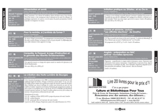 11
Septembre2014Octobre2014
Initiation pratique au Shiatsu et au Do-in
Nicolas HADENGUE,
praticien shiatsu certifié par l’école "Iokai Shiatsu Europe"
Samedi27septembre2014
9h00 - 11h30
Lieu : UP
Adhérents : 15 €
Non adhérents : 20 €
Le shiatsu est une technique manuelle japonaise consistant à appliquer des pressions sur
l’ensemble du corps afin de le défatiguer, de le soulager de ses tensions, et d’activer sa vi-
talité naturelle. Prévoir une tenue souple, tapis de sol et coussin. Limité à 20 auditeurs.
Voir cours B22 p.18 et B23 p.26 .
B21
Chimie et alchimie. Lecture :
"Les affinités électives" de Goethe
Frédéric Constant et sa compagnie
Les Affinités électives en résidence à la MCB°
Lundi 29 septembre 2014
20h00
Lieu : UP
gratuit, accueil libre sur ré-
servation dans la limite des
places disponibles
L’UP Berry accueille cette lecture en lien avec le spectacle "La bobine de Ruhmkorff" de
Pierre Meunier qui sera joué à l’Auditorium du 7 au 10 octobre.
Voir programme de la MCB° p.15 et 84. Limité à 30 auditeurs.
L16 N
C’est ce que propose
Culture et Bibliothèque Pour Tous
Prêts de Livres, de Nouveautés, Animations, Cercles de Lecture...
Rencontres avec des auteurs, des éditeurs...
73 rue Mirebeau 18000 BOURGES - Tél : 02 48 24 97 51
bibliothequepourtous18@orange.fr • www.cbpt18.fr
lundi, vendredi de 14h30 à 18h - samedi de 14h30 à 17h30 - mercredi de 10h30 à 18h (hors vacances scolaires)
Anglais : préparation au BAC
spécial nouvelles épreuves
Annie CRINQUETTE,
titulaire d’une licence d’anglais, formatrice d’adultes diplômée
Mercredi 1 octobre 2014
14h - 15h30
26 cours hebdo
Lieu : UP
Adhérents : 175 €
Non adhérents : 190 €
(paiement fractionné possible)
N
Programme : compréhension et compte-rendu de documents sonores. Expression orale
(présentation d’une notion et interaction). Compréhension et expression écrites. Apports
grammaticaux et vocabulaire du BAC. Suivi individuel. Programme adaptable aux be-
soins particuliers des auditeurs. Public concerné : élèves de terminale.
Limité à 10 auditeurs.
L01
10
Septembre2014
Alimentation et santé
Esther MARTINEZ, Consultante Environnement et Développement
Durable, ancien Cadre du Ministère de l’Ecologie
Mercredis 17 septembre
et 15 octobre 2014 :
16h - 17h
Lieu : UP
Adhérents : 16 €
Non adhérents : 20 €
Mieux consommer, c’est se donner de meilleures chances de bonne santé et l’acte d’achat,
loin d’être neutre, a des conséquences dans le domaine de la santé (les allergies, les
pathologies respiratoires, les cancers), et sur la nature (les prairies permanentes, les forêts
tropicales, les mangroves, les océans).
E01
Pour la rentrée, si j'arrêtais de fumer ?
Barbara CHARPAGNE,
Naturopathe - Réflexologue
Jeudi 18 septembre 2014
14h - 15h30
Lieu : UP
Adhérents : 12 €
Non adhérents : 15 €
Au travers d’étapes personnalisées, l’accompagnement micronutritionnel en Naturopa-
thie aide à arrêter de fumer en limitant le stress et la prise de poids ! La Réflexologie peut
aussi aider le fumeur à bien supporter le sevrage.
B10
L’enquête, le Parquet, le juge d’instruction et
la garantie des libertés fondamentales
Eugène BANGOURA, avocat au Barreau de Bourges, ancien Bâtonnier
Eric de MONTGOLFIER, Procureur Général
Lundi 22 septembre 2014
18h30 - 20h
Lieu : UP
Adhérents : 12 €
Non adhérents : 15 €
Une approche ouverte et critique des enjeux actuels en matière de répression et de
libertés fondamentales.
Voir cours H02 p.24 et H03 p.32
H01
La création des Nuits Lumière de Bourges
Alain MEILLAND
Vendredi26septembre2014
18h30 - 22h30
Lieu : F.O.L. salle A
5 rue Samson à Bourges
Adhérents : 18 €
Non adhérents : 25 €
(cocktail dinatoire inclus)
N
Créé à l’occasion du passage en l’an 2000, cet étonnant parcours-spectacle dans la ville
médiévale baignée de lumière, d’images et d’émotion connait depuis 14 ans, avec plus
de 50 000 visiteurs chaque été un grand succès auprès des touristes comme des berruyers.
Alain Meilland, qui assura le pilotage de ce projet nous présentera au cours de cette
conférence les plans, maquettes et principaux événements qui marquèrent la création, la
mise en place et les péripéties liées à ce qui fit des NUITS LUMIERE DE BOURGES
le premier parcours nocturne (en France) en milieu urbain au service de la culture, du
tourisme et du patrimoine architectural de notre ville.
Déroulement de la soirée :
18 h 30 : conférence d’Alain MEILLAND à propos du parcours des nuits Lumière
20 h 00 : cocktail dinatoire
21 h 00 : promenade libre sur le parcours des nuits Lumière
A partir de 22h30, échanges d’impressions autour d’un rafraichissement à la F.O.L..
R03
N
N
 
