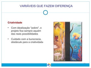 VARIÁVEIS QUE FAZEM DIFERENÇA

Criatividade
• Com idealização "pobre", o
projeto fica sempre aquém
das reais possibilidades
• Cuidado com a burocracia,
obstáculo para a criatividade

11

 