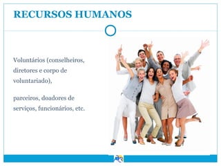 RECURSOS HUMANOS

Voluntários (conselheiros,
diretores e corpo de
voluntariado),
parceiros, doadores de
serviços, funcionários, etc.

 