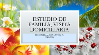 ESTUDIO DE
FAMILIA, VISITA
DOMICILIARIA
DOCENTE: ALICIA MUÑOZ A.
AÑO 2014
 
