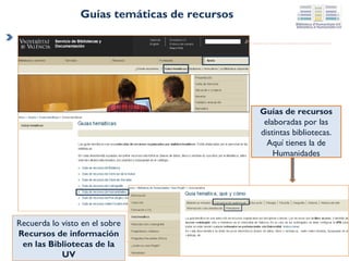 Guías temáticas de recursos

Guías de recursos
elaboradas por las
distintas bibliotecas. Aquí
tienes la de Humanidades

Recuerda lo visto en el sobre
Recursos de información
en las Bibliotecas de la
UV

 