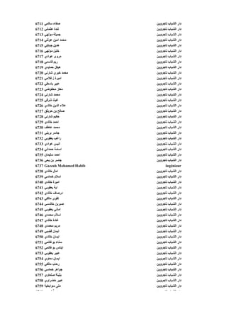 ‫1176‬   ‫ﺹﻔﺎء ﺳﺎﻟﻤﻲ‬             ‫دار اﻟﺸﺒﺎب ﺗﺎﺟﺮوﻳﻦ‬
‫2176‬   ‫ﻟﻨﺪة ﻋﺜﻤﺎﻥﻲ‬            ‫دار اﻟﺸﺒﺎب ﺗﺎﺟﺮوﻳﻦ‬
‫3176‬   ‫ﺟﻤﻴﻠﺔ ﻮ ﻬﻲ‬
       ‫ﺟ ﻴ ﻣﻮﻟﻬﻲ‬              ‫ر ﺒ ب ﺗﺎﺟﺮوﻳﻦ‬
                              ‫دار اﻟﺸﺒﺎب ﺟﺮوﻳﻦ‬
‫4176‬   ‫ﻣﺤﻤﺪ اﻣﻴﻦ ﻋﻮﻥﻠﻲ‬        ‫دار اﻟﺸﺒﺎب ﺗﺎﺟﺮوﻳﻦ‬
‫5176‬   ‫هﺪﻳﻞ ﺟﺒﺎﺑﻠﻲ‬            ‫دار اﻟﺸﺒﺎب ﺗﺎﺟﺮوﻳﻦ‬
‫6176‬   ‫ﺥﻠﻴﻞ ﻣﻮﻟﻬﻲ‬             ‫دار اﻟﺸﺒﺎب ﺗﺎﺟﺮوﻳﻦ‬
‫7176‬   ‫ﻣﺮوى ﻋﻮادي‬             ‫دار اﻟﺸﺒﺎب ﺗﺎﺟﺮوﻳﻦ‬
‫8176‬   ‫رﻳﻢ ﻗﺎﺳﻤﻲ‬              ‫دار اﻟﺸﺒﺎب ﺗﺎﺟﺮوﻳﻦ‬
‫9176‬   ‫هﻴﻜﻞ ﺡﻤﺎﻳﺪي‬            ‫دار اﻟﺸﺒﺎب ﺗﺎﺟﺮوﻳﻦ‬
‫0276‬   ‫ﻣﺤﻤﺪ ﺥﻴﺮي ﺵﺎرﻥﻲ‬        ‫دار اﻟﺸﺒﺎب ﺗﺎﺟﺮوﻳﻦ‬
‫1276‬   ‫اﻣﻴﺮة زﻏﻼﻣﻲ‬            ‫دار اﻟﺸﺒﺎب ﺗﺎﺟﺮوﻳﻦ‬
‫2276‬   ‫ﻋﺒﻴﺮ ﺑﺎﺳﻄﻲ‬             ‫دار اﻟﺸﺒﺎب ﺗﺎﺟﺮوﻳﻦ‬
‫3276‬   ‫ﻣﻌﺘﺰ ﻣﺤﻔﻮﺽﻲ‬            ‫دار اﻟﺸﺒﺎب ﺗﺎﺟﺮوﻳﻦ‬
‫4276‬   ‫ﻣﺤﻤﺪ ﺵﺎرﻥﻲ‬             ‫دار اﻟﺸﺒﺎب ﺗﺎﺟﺮوﻳﻦ‬
‫5276‬   ‫ﻏﻴﺚ ﺵﺮﻗﻲ‬               ‫دار اﻟﺸﺒﺎب ﺗﺎﺟﺮوﻳﻦ‬
‫6276‬   ‫ﻋﻼء اﻟﺪﻳﻦ ﺥﺎﻟﺪي‬        ‫دار اﻟﺸﺒﺎب ﺗﺎﺟﺮوﻳﻦ‬
‫7276‬   ‫ﺹﺎﻟﺢ ﺑﻦ ﺡﻮﻳﺜﻖ‬
         ‫ﺜ‬                    ‫دار اﻟﺸﺒﺎب ﺗﺎﺟﺮوﻳﻦ‬
‫8276‬   ‫ﺡﻜﻴﻢ ﺵﺎرﻥﻲ‬             ‫دار اﻟﺸﺒﺎب ﺗﺎﺟﺮوﻳﻦ‬
‫9276‬   ‫اﺡﻤﺪ ﺥﺎﻟﺪي‬             ‫دار اﻟﺸﺒﺎب ﺗﺎﺟﺮوﻳﻦ‬
‫0376‬   ‫ﻣﺤﻤﺪ ﻋﺎﻃﻒ‬              ‫دار اﻟﺸﺒﺎب ﺗﺎﺟﺮوﻳﻦ‬
‫1376‬   ‫ﺟﺎﺳﺮ ﺑﺮﻳﻨﻲ‬             ‫دار اﻟﺸﺒﺎب ﺗﺎﺟﺮوﻳﻦ‬
‫2376‬   ‫راﻏﺐ ﻳﻌﻘﻮﺑﻲ‬            ‫دار اﻟﺸﺒﺎب ﺗﺎﺟﺮوﻳﻦ‬
‫3376‬   ‫ﻴﺲ ﻮ ي‬
       ‫اﻥﻴﺲ ﻋﻮادي‬             ‫دار اﻟﺸﺒﺎب ﺗﺎﺟﺮوﻳﻦ‬
                              ‫ر ﺒ ب ﺟﺮوﻳﻦ‬
‫4376‬   ‫اﺳﺎﻣﺔ ﺡﻤﺪاﻥﻲ‬           ‫دار اﻟﺸﺒﺎب ﺗﺎﺟﺮوﻳﻦ‬
‫5376‬   ‫اﺡﻤﺪ ﺳﻠﻴﻤﺎن‬            ‫دار اﻟﺸﺒﺎب ﺗﺎﺟﺮوﻳﻦ‬
‫6376‬   ‫ﺟﺎﺳﺮ ﺑﻦ ﻳﺤﻲ‬            ‫دار اﻟﺸﺒﺎب ﺗﺎﺟﺮوﻳﻦ‬
‫7376‬   ‫‪Gazzah Mohamed Habib‬‬         ‫‪ingénieur‬‬
‫8376‬   ‫اﻣﺎل ﺥﺎﻟﺪي‬             ‫دار اﻟﺸﺒﺎب ﺗﺎﺟﺮوﻳﻦ‬
‫9376‬   ‫اﺳﻼم ﺥﻤﺎﺳﻲ‬             ‫دار اﻟﺸﺒﺎب ﺗﺎﺟﺮوﻳﻦ‬
‫0476‬   ‫اﻣﻴﺮة ﺥﺎﻟﺪي‬            ‫دار اﻟﺸﺒﺎب ﺗﺎﺟﺮوﻳﻦ‬
‫1476‬   ‫اﻳﺔ ﻳﻌﻘﻮﺑﻲ‬             ‫دار اﻟﺸﺒﺎب ﺗﺎﺟﺮوﻳﻦ‬
‫2476‬   ‫درﺹﺎف ﺥﺎﻟﺪي‬            ‫دار اﻟﺸﺒﺎب ﺗﺎﺟﺮوﻳﻦ‬
‫3476‬   ‫ﺗﻘﻮى ﻣﺎﻟﻜﻲ‬             ‫دار اﻟﺸﺒﺎب ﺗﺎﺟﺮوﻳﻦ‬
‫4476‬   ‫ﺹﺒﺮﻳﻦ ﺥﺎﻟﺪﺳﻲ‬           ‫دار اﻟﺸﺒﺎب ﺗﺎﺟﺮوﻳﻦ‬
‫5476‬   ‫اﻣﺎﻥﻲ ﻳﻌﻘﻮﺑﻲ‬           ‫دار اﻟﺸﺒﺎب ﺗﺎﺟﺮوﻳﻦ‬
‫6476‬   ‫اﺳﻼم ﻣﺤﻤﺪي‬             ‫دار اﻟﺸﺒﺎب ﺗﺎﺟﺮوﻳﻦ‬
‫7476‬   ‫ﻏﺎدة ﺥﺎﻟﺪي‬             ‫دار اﻟﺸﺒﺎب ﺗﺎﺟﺮوﻳﻦ‬
‫8476‬   ‫ﻣﺮﻳﻢ ﻣﺤﻤﺪي‬             ‫دار اﻟﺸﺒﺎب ﺗﺎﺟﺮوﻳﻦ‬
‫9476‬   ‫اﻳﻤﺎن ﻓﻀﺒﻲ‬             ‫دار اﻟﺸﺒﺎب ﺗﺎﺟﺮوﻳﻦ‬
‫0576‬   ‫اﻳﻤﺎن ﺥﺎﻟﺪي‬            ‫دار اﻟﺸﺒﺎب ﺗﺎﺟﺮوﻳﻦ‬
‫1576‬   ‫ﺳﻨﺎء ﺑﻮﻏﺎﻥﻤﻲ‬           ‫دار اﻟﺸﺒﺎب ﺗﺎﺟﺮوﻳﻦ‬
‫2576‬   ‫اﻳﻨﺎس ﺑﻮﻏﺎﻥﻤﻲ‬          ‫دار اﻟﺸﺒﺎب ﺗﺎﺟﺮوﻳﻦ‬
‫3576‬   ‫ﻋﺒﻴﺮ ﻳﻌﻘﻮﺑﻲ‬            ‫دار اﻟﺸﺒﺎب ﺗﺎﺟﺮوﻳﻦ‬
‫4576‬   ‫اﻳﻤﺎن ﻣﻌﺎوي‬            ‫دار اﻟﺸﺒﺎب ﺗﺎﺟﺮوﻳﻦ‬
‫5576‬   ‫رﺡﺎب ﻣﺎﻟﻜﻲ‬             ‫دار اﻟﺸﺒﺎب ﺗﺎﺟﺮوﻳﻦ‬
‫6576‬   ‫ﺟﻮاهﺮ ﺥﻤﺎﺳﻲ‬            ‫دار اﻟﺸﺒﺎب ﺗﺎﺟﺮوﻳﻦ‬
‫7576‬   ‫ﺑﺜﻴﻨﺔ ﺹﻠﻌﺎوي‬           ‫دار اﻟﺸﺒﺎب ﺗﺎﺟﺮوﻳﻦ‬
‫8576‬   ‫ﻋﺒﻴﺮ ﺥﻀﺮاوي‬            ‫دار اﻟﺸﺒﺎب ﺗﺎﺟﺮوﻳﻦ‬
‫9576‬   ‫ﻣﻨﻰ ﺳﻮاﺑﺨﻴﺔ‬            ‫دار اﻟﺸﺒﺎب ﺗﺎﺟﺮوﻳﻦ‬
‫0676‬     ‫ه ﺔز ﺪ‬               ‫ﻦ‬    ‫دا اﻟﺸ ﺎ ﺗﺎ‬
 