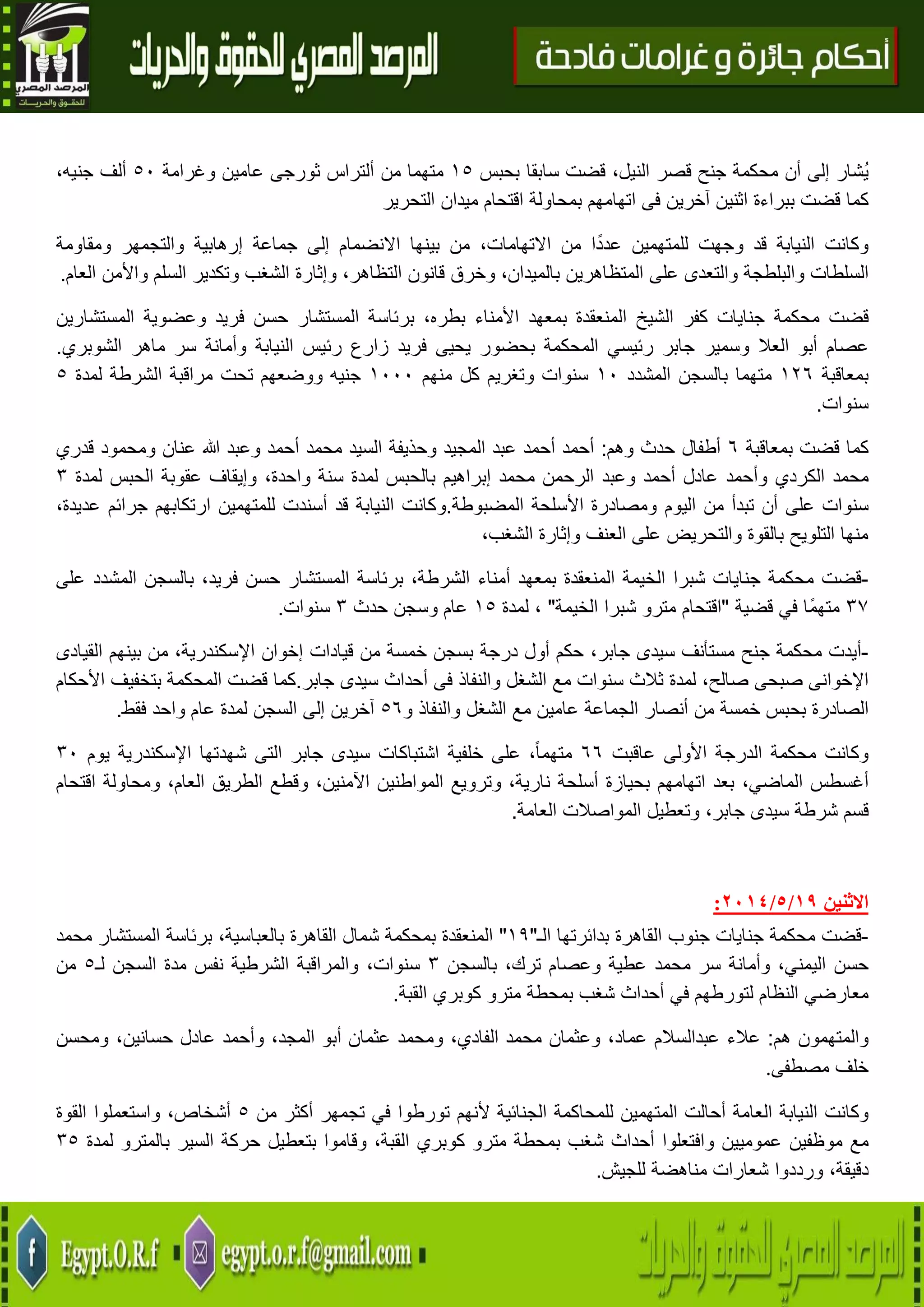 20
‫ُشار‬‫ي‬‫إلى‬‫أن‬‫محكمة‬‫جنح‬‫قصر‬،‫النيل‬‫قضت‬‫سابقا‬‫بحبس‬05‫متهما‬‫من‬‫ألتراس‬‫ثورجى‬‫عامين‬‫وغرامة‬51‫ألف‬،‫جنيه‬
‫كما‬‫قضت‬‫ببراءة‬‫اثنين‬‫آخرين‬‫فى‬‫اتهامهم‬‫بمحاولة‬‫اقتحام‬‫ميدان‬‫التحرير‬
‫وكانت‬‫قد‬ ‫النيابة‬‫وجهت‬‫للمتهمين‬‫ا‬ً‫عدد‬‫من‬،‫االتهامات‬‫من‬‫بينها‬‫االنضمام‬‫إلى‬‫جماعة‬‫إرهابية‬‫والتجمهر‬‫ومقاومة‬
‫السلطات‬‫والبلطجة‬‫والتعدى‬‫على‬‫المتظاهرين‬،‫بالميدان‬‫وخرق‬‫قانون‬،‫التظاهر‬‫وإثارة‬‫الشغب‬‫وتكدير‬‫السلم‬‫واألمن‬‫ال‬‫عام‬.
‫ق‬‫ضت‬‫محكمة‬‫جنايات‬‫كفر‬‫الشيخ‬‫المنعقدة‬‫بمعهد‬‫األمناء‬‫برئاسة‬ ،‫بطره‬‫المستشار‬‫حسن‬‫فريد‬‫وعضوية‬‫المستشارين‬
‫عصام‬‫أبو‬‫العال‬‫وسمير‬‫جابر‬‫رئيسي‬‫المحكمة‬‫بحضور‬‫يحيى‬‫فريد‬‫زارع‬‫رئيس‬‫النيابة‬‫وأمانة‬‫سر‬‫ماهر‬‫الشوبري‬.
‫بمعاقبة‬046‫متهما‬‫بالسجن‬‫المشدد‬01‫سنوات‬‫وتغريم‬‫كل‬‫منه‬‫م‬0111‫جنيه‬‫ووضعهم‬‫تحت‬‫مراقبة‬‫الشرطة‬‫لمدة‬5
‫سنوات‬.
‫كما‬‫قضت‬‫بمعاقبة‬6‫أطفال‬‫حدث‬‫وهم‬:‫أحمد‬‫أحمد‬‫عبد‬‫المجيد‬‫وحذيفة‬‫السيد‬‫محمد‬‫أحمد‬‫وعبد‬‫هللا‬‫عنان‬‫ومحمود‬‫قدري‬
‫محمد‬‫الكردي‬‫وأحمد‬‫عادل‬‫أحمد‬‫وعبد‬‫الرحمن‬‫محمد‬‫إبراهيم‬‫بالحبس‬‫لمدة‬‫سنة‬،‫واحدة‬‫وإيقاف‬‫عقوبة‬‫الحبس‬‫لمدة‬3
‫سنوات‬‫على‬‫أن‬‫تبدأ‬‫من‬‫اليوم‬‫ومصادرة‬‫األسلحة‬‫المضبوطة‬.‫و‬،‫عديدة‬ ‫جرائم‬ ‫ارتكابهم‬ ‫للمتهمين‬ ‫أسندت‬ ‫قد‬ ‫النيابة‬ ‫كانت‬
،‫الشغب‬ ‫وإثارة‬ ‫العنف‬ ‫على‬ ‫والتحريض‬ ‫بالقوة‬ ‫التلويح‬ ‫منها‬
-‫قضت‬‫محكمة‬‫جنايات‬‫شبرا‬‫الخيمة‬‫المنعقدة‬‫بمعهد‬‫أمناء‬،‫الشرطة‬‫برئاسة‬‫المستشار‬‫حسن‬‫الم‬ ‫بالسجن‬ ،‫فريد‬‫على‬ ‫شدد‬
37‫ًا‬‫م‬‫مته‬‫في‬‫قضية‬"‫اقتحام‬‫مترو‬‫شبرا‬‫الخيمة‬"‫لمدة‬ ،05‫عام‬‫وسجن‬‫حدث‬3‫سنوات‬.
-‫أيدت‬‫محكمة‬‫جنح‬‫مستأنف‬‫سيدى‬،‫جابر‬‫حكم‬‫أول‬‫درجة‬‫بسجن‬‫خمسة‬‫من‬‫قيادات‬‫إخوان‬،‫اإلسكندرية‬‫من‬‫بينهم‬‫القيادى‬
‫اإلخوانى‬‫صبحى‬،‫صالح‬‫لمدة‬‫ثالث‬‫سنوات‬‫مع‬‫الشغل‬‫والنفاذ‬‫فى‬‫أحداث‬‫سيدى‬‫جاب‬‫ر‬.‫قضت‬ ‫كما‬‫المحكمة‬‫بتخفيف‬‫األحكام‬
‫الصادرة‬‫بحبس‬‫خمسة‬‫من‬‫أنصار‬‫الجماعة‬‫عامين‬‫مع‬‫الشغل‬‫والنفاذ‬‫و‬56‫آخرين‬‫إلى‬‫السجن‬‫لمدة‬‫عام‬‫واحد‬‫فقط‬.
‫وكانت‬‫محكمة‬‫الدرجة‬‫األولى‬‫عاقبت‬66،ً‫ا‬‫متهم‬‫على‬‫خلفية‬‫اشتباكات‬‫سيدى‬‫جابر‬‫التى‬‫شهدتها‬‫اإلسكندرية‬‫يوم‬31
‫أغسطس‬،‫الماضي‬‫بعد‬‫اتهامه‬‫م‬‫بحيازة‬‫أسلحة‬،‫نارية‬‫وترويع‬‫المواطنين‬،‫اآلمنين‬‫وقطع‬‫الطريق‬،‫العام‬‫ومحاولة‬‫اقتحام‬
‫قسم‬‫شرطة‬‫سيدى‬،‫جابر‬‫وتعطيل‬‫المواصالت‬‫العامة‬.
‫االثنين‬79/5/2174:
-‫قضت‬‫محكمة‬‫جنايات‬‫جنوب‬‫القاهرة‬‫بدائرتها‬‫الـ‬"09"‫المنعقدة‬‫بمحكمة‬‫شمال‬‫القاهرة‬،‫بالعباسية‬‫برئاسة‬‫المستشار‬‫محمد‬
‫حسن‬،‫اليمني‬‫وأمانة‬‫سر‬‫محمد‬‫عطية‬‫وعصام‬،‫ترك‬‫بالسجن‬3،‫سنوات‬‫والمراقبة‬‫الشرطية‬‫نفس‬‫مدة‬‫السجن‬‫لـ‬5‫من‬
‫النظام‬ ‫معارضي‬‫لتورطهم‬‫في‬‫أحداث‬‫شغب‬‫بمحطة‬‫مترو‬‫كوبري‬‫القبة‬.
‫والمتهمون‬‫هم‬:‫عالء‬‫عبدالسالم‬،‫عماد‬‫وعثمان‬‫محمد‬،‫الفادي‬‫ومحمد‬‫عثمان‬‫أبو‬،‫المجد‬‫وأحمد‬‫عادل‬،‫حسانين‬‫وم‬‫حسن‬
‫خلف‬‫مصطفى‬.
‫وكانت‬‫النيابة‬‫العامة‬‫أحالت‬‫المتهمين‬‫للمحاكمة‬‫الجنائية‬‫ألنهم‬‫تورطوا‬‫في‬‫تجمهر‬‫أكثر‬‫من‬5،‫أشخاص‬‫واستعملوا‬‫القوة‬
‫مع‬‫موظفين‬‫عموميين‬‫وافتعلوا‬‫أحداث‬‫شغب‬‫بمحطة‬‫مترو‬‫كوبري‬،‫القبة‬‫وقاموا‬‫بتعطيل‬‫حركة‬‫السير‬‫بالمترو‬‫لمدة‬35
،‫دقيقة‬‫ورددوا‬‫شعارات‬‫مناهضة‬‫لل‬‫جيش‬.
 