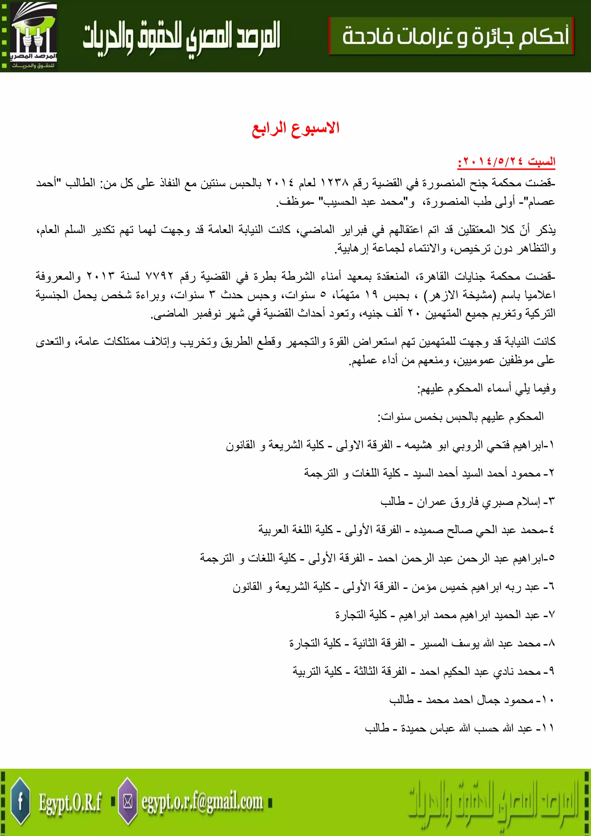 28
‫الرابع‬ ‫االسبوع‬
‫السبت‬24/5/2174:
-‫رقم‬ ‫القضية‬ ‫في‬ ‫المنصورة‬ ‫جنح‬ ‫محكمة‬ ‫قضت‬0438‫لعام‬4102‫من‬ ‫كل‬ ‫على‬ ‫النفاذ‬ ‫مع‬ ‫سنتين‬ ‫بالحبس‬:‫الطالب‬"‫أحمد‬
‫عصام‬"-‫أولى‬‫طب‬،‫المنصورة‬‫و‬"‫محمد‬‫عبد‬‫الحسيب‬"-‫موظف‬.
‫يذكر‬‫أن‬‫كال‬‫المعتقلين‬‫قد‬‫اتم‬‫اعتقا‬‫لهم‬‫في‬‫فبراير‬،‫الماضي‬‫تهم‬ ‫لهما‬ ‫وجهت‬ ‫قد‬ ‫العامة‬ ‫النيابة‬ ‫كانت‬‫تكدير‬‫السلم‬،‫العام‬
‫والتظاهر‬‫دون‬،‫ترخيص‬‫واالنتماء‬‫لجماعة‬‫إرهابية‬.
-‫قضت‬‫محكمة‬‫جنايات‬،‫القاهرة‬‫المنعقدة‬‫بمعهد‬‫أمناء‬‫الشرطة‬‫القضية‬ ‫في‬ ‫بطرة‬‫رقم‬7794‫لسنة‬4103‫والمعروفة‬
‫اعالميا‬‫باسم‬(‫مشيخة‬‫االزهر‬)،‫بحب‬‫س‬09،‫ًا‬‫م‬‫مته‬5،‫سنوات‬‫وحبس‬‫حدث‬3،‫سنوات‬‫وبراءة‬‫شخص‬‫يحمل‬‫الجنسية‬
‫وتغريم‬ ‫التركية‬‫جميع‬‫المتهمين‬41‫ألف‬،‫جنيه‬‫نوفمبر‬ ‫شهر‬ ‫في‬ ‫القضية‬ ‫أحداث‬ ‫وتعود‬‫الماضى‬.
‫كانت‬‫النيابة‬‫قد‬‫وجهت‬‫للمتهمين‬‫تهم‬‫استعراض‬‫القوة‬‫والتجمهر‬‫وقطع‬‫الطريق‬‫وتخريب‬‫وإتالف‬‫ممتلكات‬،‫عامة‬‫والتعدى‬
‫على‬‫موظفين‬،‫عموميين‬‫ومنعهم‬‫من‬‫أداء‬‫عملهم‬.
‫عليهم‬ ‫المحكوم‬ ‫أسماء‬ ‫يلي‬ ‫وفيما‬:
‫المحكوم‬‫بالحبس‬ ‫عليهم‬‫بخمس‬‫سنوات‬:
0-‫ابراهيم‬‫فتحي‬‫الروبي‬‫ابو‬‫هشيمه‬-‫الفرقة‬‫االولى‬-‫كلية‬‫الشريعة‬‫و‬‫القانون‬
‫محمود‬‫أحمد‬‫السيد‬‫أحمد‬‫السيد‬-‫كلية‬‫اللغات‬‫و‬‫الترجمة‬ 4-
‫إسالم‬‫صبري‬‫فاروق‬‫عمرا‬‫ن‬-‫طالب‬ 3-
2-‫محمد‬‫عبد‬‫الحي‬‫صالح‬‫صميده‬-‫الفرقة‬‫األولى‬-‫كلية‬‫اللغة‬‫العربية‬
5-‫ابراهيم‬‫عبد‬‫الرحمن‬‫عبد‬‫الرحمن‬‫احمد‬-‫الفرقة‬‫األولى‬-‫كلية‬‫اللغات‬‫و‬‫الترجمة‬
‫عبد‬‫ربه‬‫ابراهيم‬‫خميس‬‫مؤمن‬-‫الفرقة‬‫األولى‬-‫كلية‬‫الشريعة‬‫و‬‫القانون‬ 6-
‫عبد‬‫الحميد‬‫ابراهيم‬‫محمد‬‫ابراهيم‬-‫كلية‬‫التجارة‬ 7-
‫محمد‬‫عبد‬‫هللا‬‫يوسف‬‫المسير‬-‫الفرقة‬‫الثانية‬-‫كلية‬‫التجارة‬ 8-
‫محمد‬‫نادي‬‫عبد‬‫الحكيم‬‫احمد‬-‫الفرقة‬‫الثالثة‬-‫كلية‬‫التربية‬ 9-
‫محمود‬‫جمال‬‫احمد‬‫محمد‬-‫طالب‬ 01-
‫عبد‬‫هللا‬‫حسب‬‫هللا‬‫عباس‬‫حميدة‬-‫طالب‬ 00-
 