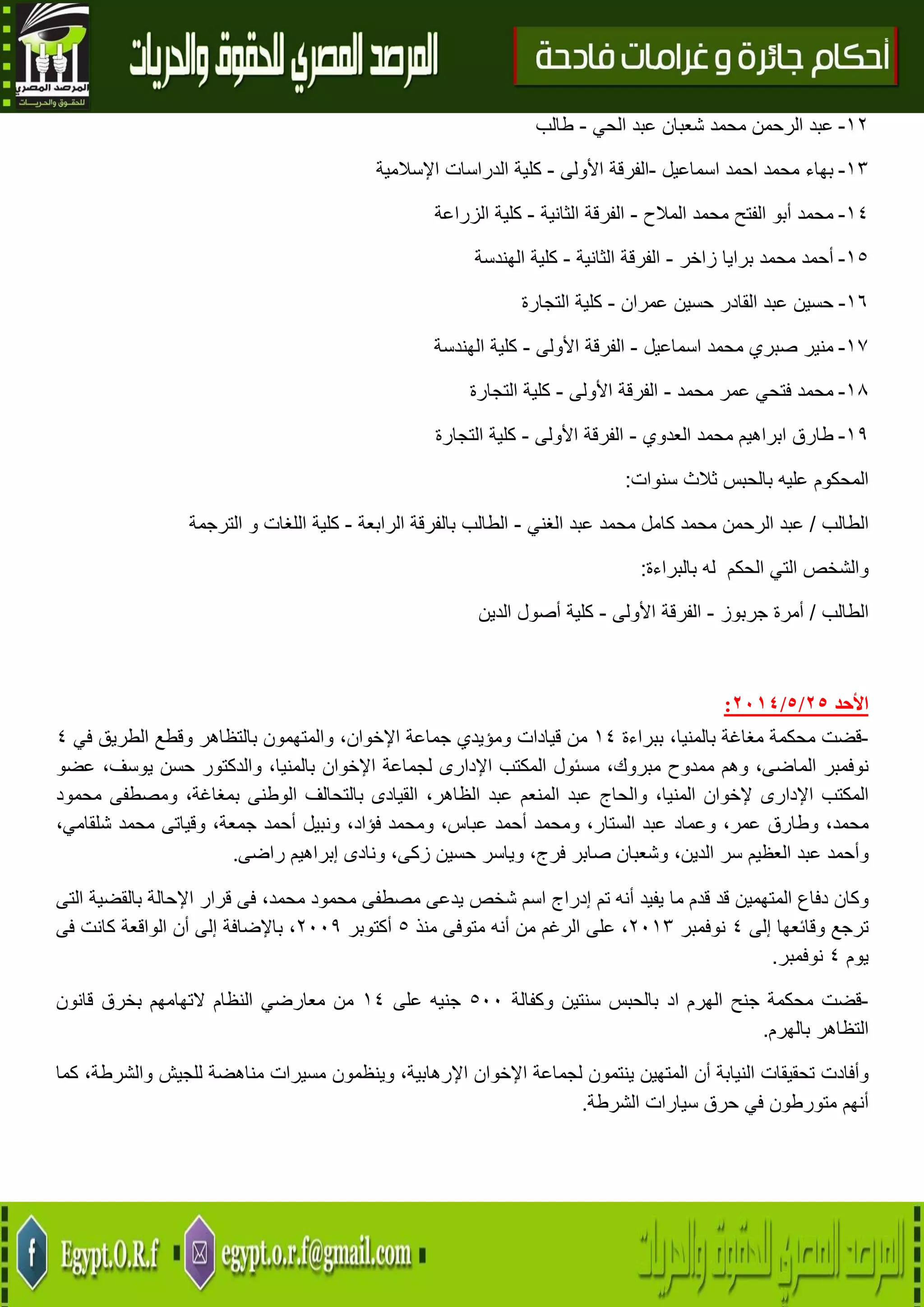 29
‫عبد‬‫الرحمن‬‫محمد‬‫شعبان‬‫عبد‬‫الحي‬-‫طالب‬ 04-
‫ب‬‫هاء‬‫محمد‬‫احمد‬‫اسماعيل‬-‫الفرقة‬‫األولى‬-‫كلية‬‫الدراسات‬‫اإلسالمية‬ 03-
‫محمد‬‫أبو‬‫الفتح‬‫محمد‬‫المالح‬-‫الفرقة‬‫الثانية‬-‫كلية‬‫الزراعة‬ 02-
‫أحمد‬‫محمد‬‫برايا‬‫زاخر‬-‫الفرقة‬‫الثانية‬-‫كلية‬‫الهندسة‬ 05-
‫حسين‬‫عبد‬‫القادر‬‫حسين‬‫عمران‬-‫كلية‬‫التجارة‬ 06-
‫منير‬‫صبري‬‫محمد‬‫اسماعيل‬-‫الفرقة‬‫األولى‬-‫كلية‬‫الهندسة‬ 07-
‫محمد‬‫فتحي‬‫عمر‬‫محمد‬-‫الفرقة‬‫األولى‬-‫كلية‬‫التجارة‬ 08-
‫طارق‬‫ابراهيم‬‫محمد‬‫العدوي‬-‫الفرقة‬‫األولى‬-‫كلية‬‫التجارة‬ 09-
‫المحكوم‬‫عليه‬‫بالحبس‬‫ثالث‬‫سنوات‬:
‫الطالب‬/‫عبد‬‫الرحمن‬‫محمد‬‫كامل‬‫محمد‬‫عبد‬‫الغني‬-‫الطالب‬‫الرابعة‬ ‫بالفرقة‬-‫كلية‬‫اللغات‬‫و‬‫الترجمة‬
‫والشخص‬‫التي‬‫الحكم‬‫له‬‫بالبراءة‬:
‫الطالب‬/‫أمرة‬‫جربوز‬-‫الفرقة‬‫األولى‬-‫كلية‬‫أصول‬‫الدين‬
‫األحد‬25/5/2174:
-‫قضت‬‫محكمة‬‫مغاغة‬،‫بالمنيا‬‫ببراءة‬02‫قيادات‬ ‫من‬‫جماعة‬ ‫ومؤيدي‬،‫اإلخوان‬‫والمتهمون‬‫بالتظاهر‬‫وقطع‬‫الطريق‬‫في‬2
‫نوفمبر‬،‫الماضى‬‫وهم‬‫مم‬‫دوح‬،‫مبروك‬‫مسئول‬‫المكتب‬‫اإلدارى‬‫لجماعة‬‫اإلخوان‬،‫بالمنيا‬‫والدكتور‬‫حسن‬،‫يوسف‬‫عضو‬
‫المكتب‬‫اإلدارى‬‫إلخوان‬،‫المنيا‬‫والحاج‬‫عبد‬‫المنعم‬‫عبد‬،‫الظاهر‬‫القيادى‬‫بالتحالف‬‫الوطنى‬،‫بمغاغة‬‫ومصطفى‬‫محمود‬
،‫محمد‬‫وطارق‬،‫عمر‬‫وعماد‬‫عبد‬،‫الستار‬‫ومحمد‬‫أحمد‬،‫عباس‬‫ومحمد‬،‫فؤاد‬‫ونبيل‬‫أح‬‫مد‬،‫جمعة‬‫وقياتى‬‫محمد‬،‫شلقامي‬
‫وأحمد‬‫عبد‬‫العظيم‬‫سر‬،‫الدين‬‫وشعبان‬‫صابر‬،‫فرج‬‫وياسر‬‫حسين‬،‫زكى‬‫ونادى‬‫إبراهيم‬‫راضى‬.
‫وكان‬‫دفاع‬‫المتهمين‬‫قد‬‫قدم‬‫ما‬‫يفيد‬‫أنه‬‫تم‬‫إدراج‬‫اسم‬‫شخص‬‫يدعى‬‫مصطفى‬‫محمود‬،‫محمد‬‫فى‬‫قرار‬‫اإلحالة‬‫بالقضية‬‫التى‬
‫ترجع‬‫وقائعها‬‫إلى‬2‫نوفمبر‬4103،‫على‬‫الرغ‬‫م‬‫من‬‫أنه‬‫متوفى‬‫منذ‬5‫أكتوبر‬4119،‫باإلضافة‬‫أن‬ ‫إلى‬‫الواقعة‬‫كانت‬‫فى‬
‫يوم‬2‫نوفمبر‬.
-‫قضت‬‫محكمة‬‫جنح‬‫الهرم‬‫ا‬‫د‬‫بالحبس‬‫سنتين‬‫وكفالة‬511‫على‬ ‫جنيه‬02‫النظام‬ ‫معارضي‬ ‫من‬‫التهامهم‬‫بخرق‬‫قانون‬
‫التظاهر‬‫بالهرم‬.
‫وأفادت‬‫تحقيقات‬‫النيابة‬‫أن‬‫المتهين‬‫ينتمون‬‫لجماعة‬‫اإلخوان‬‫اإلرها‬،‫بية‬‫وينظمون‬‫مسيرات‬‫مناهضة‬‫للجيش‬،‫والشرطة‬‫كما‬
‫أنهم‬‫متورطون‬‫في‬‫حرق‬‫سيارات‬‫الشرطة‬.
 