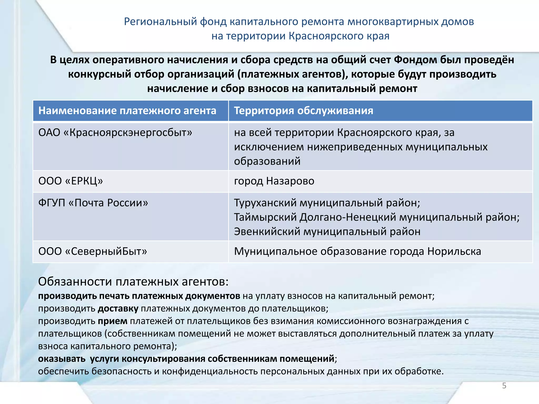 Региональный фонд капитального ремонта многоквартирных домов 
на территории Красноярского края 
В целях оперативного начисления и сбора средств на общий счет Фондом был проведён 
конкурсный отбор организаций (платежных агентов), которые будут производить 
начисление и сбор взносов на капитальный ремонт 
Наименование платежного агента Территория обслуживания 
ОАО «Красноярскэнергосбыт» на всей территории Красноярского края, за 
исключением нижеприведенных муниципальных 
образований 
ООО «ЕРКЦ» город Назарово 
ФГУП «Почта России» Туруханский муниципальный район; 
Таймырский Долгано-Ненецкий муниципальный район; 
Эвенкийский муниципальный район 
ООО «СеверныйБыт» Муниципальное образование города Норильска 
Обязанности платежных агентов: 
производить печать платежных документов на уплату взносов на капитальный ремонт; 
производить доставку платежных документов до плательщиков; 
производить прием платежей от плательщиков без взимания комиссионного вознаграждения с 
плательщиков (собственникам помещений не может выставляться дополнительный платеж за уплату 
взноса капитального ремонта); 
оказывать услуги консультирования собственникам помещений; 
обеспечить безопасность и конфиденциальность персональных данных при их обработке. 
5 
 