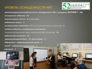 УРОВЕНЬ ОСНАЩЕННОСТИ ИКТ
автоматизированные рабочие места, объединенные ЛВС с выходом в INTERNET - 108
оснащенные кабинеты - 34
компьютерные классы – 3, в том числе:
мобильные классы - 2
интерактивные комплексы (ПК, интерактивная доска, проектор) - 9
учебные кабинеты, оснащенные комплексом
(компьютер+проектор+экран, компьютер+ЖК-телевизор) - 18
рабочие места ученика - 53
административный блок – 12, бухгалтерия – 5
библиотека – информационный центр – 4
музей – информационный центр – 1
серверная - 2
 