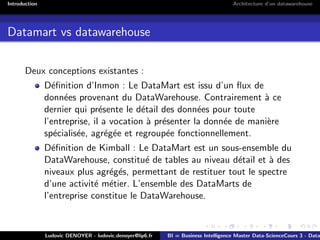 Introduction Architecture d’un datawarehouse
Datamart vs datawarehouse
Deux conceptions existantes :
Définition d’Inmon : Le DataMart est issu d’un flux de
données provenant du DataWarehouse. Contrairement à ce
dernier qui présente le détail des données pour toute
l’entreprise, il a vocation à présenter la donnée de manière
spécialisée, agrégée et regroupée fonctionnellement.
Définition de Kimball : Le DataMart est un sous-ensemble du
DataWarehouse, constitué de tables au niveau détail et à des
niveaux plus agrégés, permettant de restituer tout le spectre
d’une activité métier. L’ensemble des DataMarts de
l’entreprise constitue le DataWarehouse.
Ludovic DENOYER - ludovic.denoyer@lip6.fr BI = Business Intelligence Master Data-ScienceCours 3 - Data
 