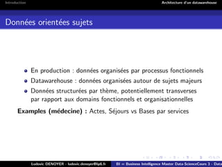 Introduction Architecture d’un datawarehouse
Données orientées sujets
En production : données organisées par processus fonctionnels
Datawarehouse : données organisées autour de sujets majeurs
Données structurées par thème, potentiellement transverses
par rapport aux domains fonctionnels et organisationnelles
Examples (médecine) : Actes, Séjours vs Bases par services
Ludovic DENOYER - ludovic.denoyer@lip6.fr BI = Business Intelligence Master Data-ScienceCours 3 - Data
 