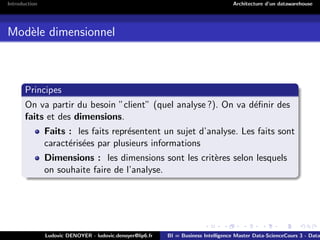 Introduction Architecture d’un datawarehouse
Modèle dimensionnel
Principes
On va partir du besoin ”client” (quel analyse ?). On va définir des
faits et des dimensions.
Faits : les faits représentent un sujet d’analyse. Les faits sont
caractérisées par plusieurs informations
Dimensions : les dimensions sont les critères selon lesquels
on souhaite faire de l’analyse.
Ludovic DENOYER - ludovic.denoyer@lip6.fr BI = Business Intelligence Master Data-ScienceCours 3 - Data
 