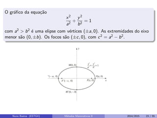 O gr´aﬁco da equa¸c˜ao
x2
a2
+
y2
b2
= 1
com a2 > b2 ´e uma elipse com v´ertices (±a, 0). As extremidades do eixo
menor s˜ao (0, ±b). Os focos s˜ao (±c, 0), com c2 = a2 − b2.
Nuno Bastos (ESTGV) M´etodos Matem´aticos II 2014/2015 23 / 55
 