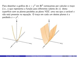 Para desenhar o gr´aﬁco de z = y2 em IR3
come¸camos por calcular o tra¸co
(i.e., o que representa a fun¸c˜ao para diferentes valores de x) desta
superf´ıcie com os planos paralelos ao plano YOZ, uma vez que a vari´avel x
n˜ao est´a presente na equa¸c˜ao. O tra¸co em cada um destes planos ´e a
par´abola z = y2.
Nuno Bastos (ESTGV) M´etodos Matem´aticos II 2014/2015 35 / 55
 