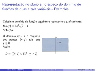 Representa¸c˜ao no plano e no espa¸co do dom´ınio de
fun¸c˜oes de duas e trˆes vari´aveis - Exemplos
Calcule o dom´ınio da fun¸c˜ao seguinte e represente-o graﬁcamente:
f (x, y) = 3x2√
y − 1
Solu¸c˜ao
O dom´ınio de f ´e o conjunto
dos pontos (x, y) tais que
y ≥ 0.
Assim
D = {(x, y) ∈ IR2
: y ≥ 0}
Nuno Bastos (ESTGV) M´etodos Matem´aticos II 2014/2015 4 / 55
 