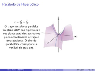 Parabol´oide Hiperb´olico
z = y2
b2 − x2
a2
O tra¸co nos planos paralelos
ao plano XOY s˜ao hip´erboles e
nos planos paralelos aos outros
planos coordenados o tra¸co ´e
uma par´abola. O eixo do
parabol´oide corresponde `a
vari´avel de grau um.
Nuno Bastos (ESTGV) M´etodos Matem´aticos II 2014/2015 43 / 55
 