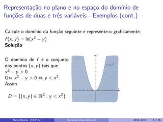 Representa¸c˜ao no plano e no espa¸co do dom´ınio de
fun¸c˜oes de duas e trˆes vari´aveis - Exemplos (cont.)
Calcule o dom´ınio da fun¸c˜ao seguinte e represente-o graﬁcamente:
f (x, y) = ln(x2 − y)
Solu¸c˜ao
O dom´ınio de f ´e o conjunto
dos pontos (x, y) tais que
x2 − y > 0.
Ora x2 − y > 0 ⇔ y < x2.
Assim
D = {(x, y) ∈ IR2
: y < x2
}
Nuno Bastos (ESTGV) M´etodos Matem´aticos II 2014/2015 5 / 55
 