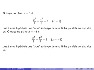 O tra¸co no plano z = 1 ´e
y2
4
−
x2
9
= 1 (z = 1)
que ´e uma hip´erbole que “abre”ao longo de uma linha paralela ao eixo dos
yy. O tra¸co no plano z = −1 ´e
x2
9
−
y2
4
= 1 (z = −1)
que ´e uma hip´erbole que “abre”ao longo de uma linha paralela ao eixo dos
xx.
Nuno Bastos (ESTGV) M´etodos Matem´aticos II 2014/2015 54 / 55
 