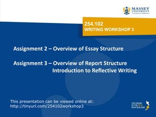 254.102
WRITING WORKSHOP 3
Assignment 2 – Overview of Essay Structure
Assignment 3 – Overview of Report Structure
Introduction to Reflective Writing
This presentation can be viewed online at:
http://tinyurl.com/254102workshop3
 