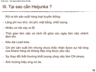 CLB Lean – Six Sigma Bách Khoa Hà Nội
Rủi ro khi sản xuất hàng loạt truyền thống:
- Lãng phí lưu kho: chi phí; mặt bằng, chất lượng
- Nhiều cơ hội xảy ra lỗi
- Thời gian làm việc và rảnh rỗi giữa các ngày làm việc chênh
lệch lớn
- Kéo dài Lead time.
- Chi phí sản xuất lớn nhưng chưa chắc nhận được sự hài lòng
của khách hàng do không đáp ứng được yêu cầu
- Sự thay đổi thất thường khối lượng công việc làm CN stress.
- Ảnh hưởng hiệu ứng roi da.
III. Tại sao cần Heijunka ?
16
 