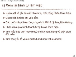 CLB Lean – Six Sigma Bách Khoa Hà Nội
 Quan sát và ghi lại các nhiệm vụ mỗi công nhân thực hiện
 Quan sát, không chỉ yêu cầu.
 Các bước thực hiện được người thiết kế định nghĩa rõ ràng
 Phân chia quá trình thành từng bước thực hiện.
 Tìm hiểu đặc tính máy móc, chu kỳ hoạt động và thời gian
đổi mẫu.
 Tìm các yếu tố value-added and non-value-added
c) Xem lại trình tự làm việc
29
 
