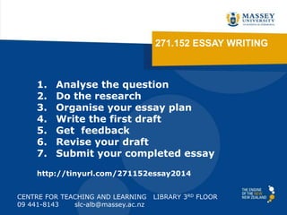 271.152 ESSAY WRITING
CENTRE FOR TEACHING AND LEARNING LIBRARY 3RD FLOOR
09 441-8143 slc-alb@massey.ac.nz
1. Analyse the question
2. Do the research
3. Organise your essay plan
4. Write the first draft
5. Get feedback
6. Revise your draft
7. Submit your completed essay
http://tinyurl.com/271152essay2014
 