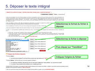 5. Déposer le texte intégral

Sélectionnez le format du fichier à
déposer

Sélectionnez le fichier à déposer

Puis cliquez sur "Transférer"

Indiquez l'origine du fichier

14

 