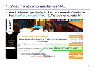 1. S'inscrire et se connecter sur HAL
• Avant de faire un premier dépôt, il est nécessaire de s'inscrire sur
HAL http://hal.univ-brest.fr/ (ou http://hal.archives-ouvertes.fr/)

Cliquez sur "inscrivez vous"

3

 