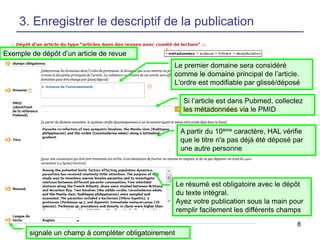 3. Enregistrer le descriptif de la publication
Exemple de dépôt d’un article de revue
Le premier domaine sera considéré
comme le domaine principal de l’article.
L'ordre est modifiable par glissé/déposé
Si l’article est dans Pubmed, collectez
les métadonnées via le PMID
A partir du 10ème caractère, HAL vérifie
que le titre n'a pas déjà été déposé par
une autre personne

Le résumé est obligatoire avec le dépôt
du texte intégral.
Ayez votre publication sous la main pour
remplir facilement les différents champs
8

signale un champ à compléter obligatoirement

 
